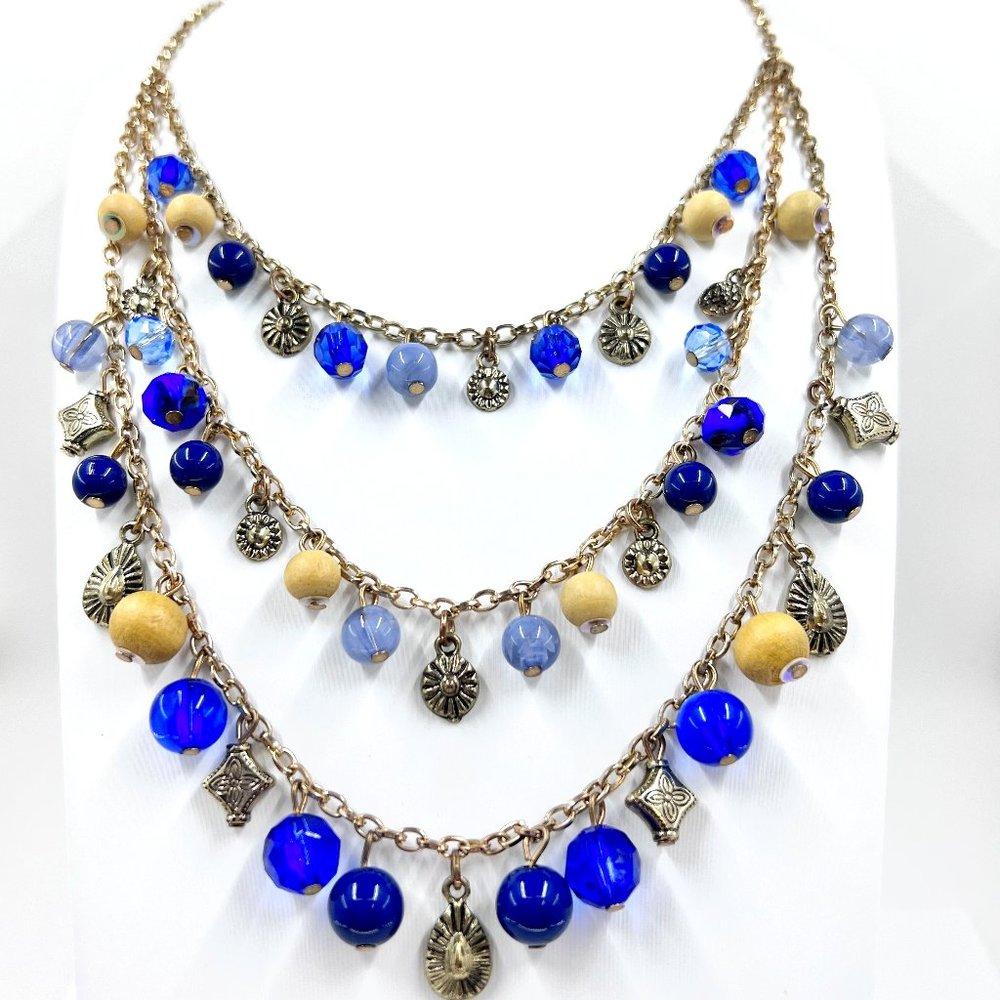 Blue Beaded & Charmed Multi-Layer Antiqued Gold Tone 16” Necklace